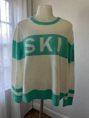 CeCe White and Teal 'SKI' Crewneck Sweater